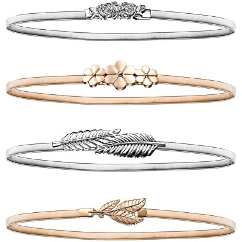 4 Pieces Women Elastic Waist Belt Stretch Metal Dress Belt for Women Girl, Silver and Gold, Color Set 4, M - Image 2